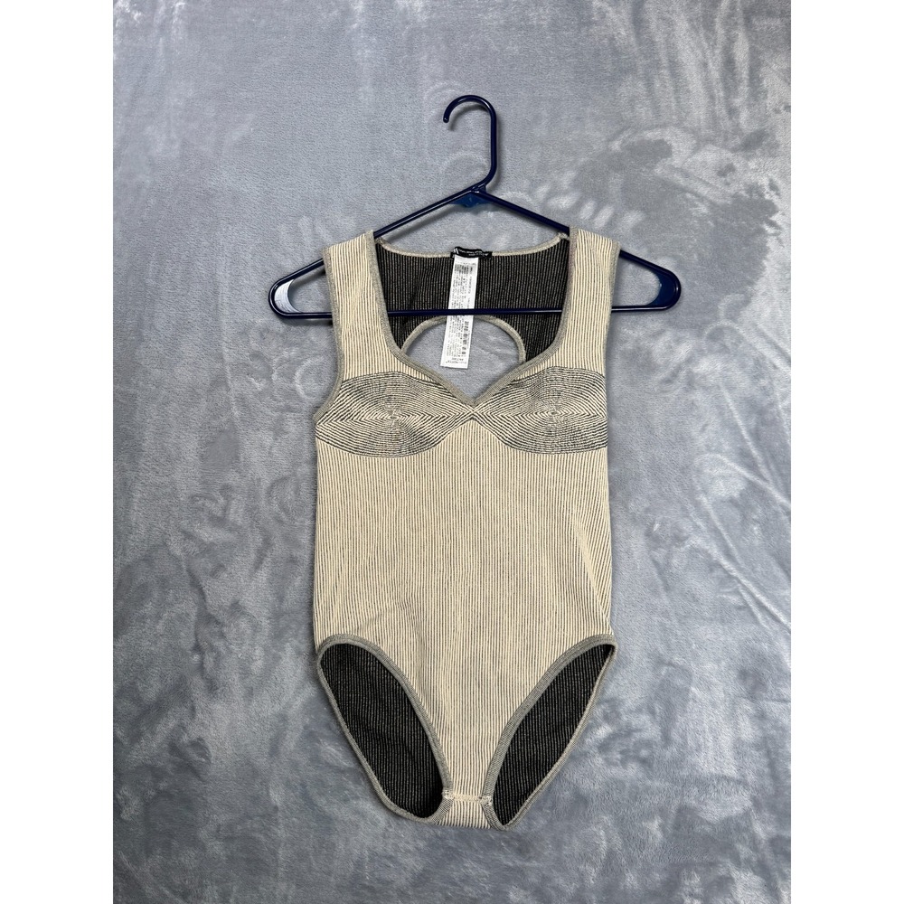 Zara Bodysuit Womens Large Beige Black Striped Stretch Sleeveless Cutout Back